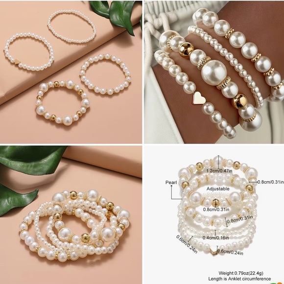4pcs Elegant Vintage Minimalist CCB Imitation Pearl Beaded Bracelet Set w/Heart - Picture 3 of 9